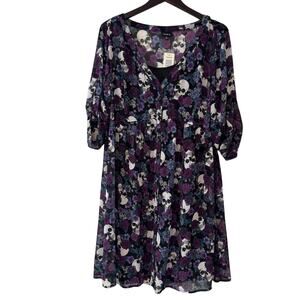 Torrid 0 Skull Dress Women's Large Black Purple Sheer Button Down Underlayer NWT
